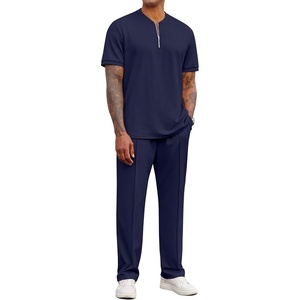 image:imageCOOFANDY Mens 2 Piece Outfit Quarter Zip Short Sleeve Top amp Pants Set  Tracksuits Activewear Clothing Set Workout Top amp Bottom Sets 14 Zip Polo Shirt and Jogging Pants Leisure Suits for MenNavy Blue