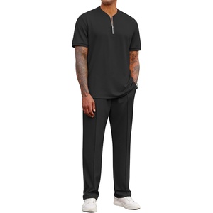 image:imageCOOFANDY Mens 2 Piece Outfit Quarter Zip Short Sleeve Top amp Pants Set  Tracksuits Activewear Clothing Set Workout Top amp Bottom Sets 14 Zip Polo Shirt and Jogging Pants Leisure Suits for MenBlack