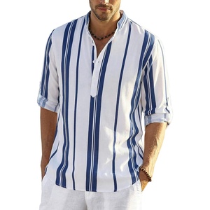 image:imageCOOFANDY Mens Cotton Linen Henley TShirts Long Sleeve Casual Beach Shirts  Mens Linen ShirtRegular Relaxed FitLightweightBreathableand Moisturewicking for BeachVacation or Everyday Summer WearDark Blue Stripes