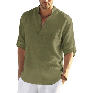 image:imageCOOFANDY Mens Cotton Linen Henley TShirts Long Sleeve Casual Beach Shirts  Mens Linen ShirtRegular Relaxed FitLightweightBreathableand Moisturewicking for BeachVacation or Everyday Summer WearArmy Green
