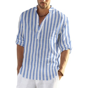 image:imageCOOFANDY Mens Cotton Linen Henley TShirts Long Sleeve Casual Beach Shirts  Mens Linen ShirtRegular Relaxed FitLightweightBreathableand Moisturewicking for BeachVacation or Everyday Summer WearBlue White Striped