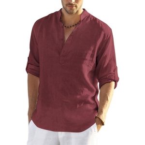 image:imageCOOFANDY Mens Cotton Linen Henley TShirts Long Sleeve Casual Beach Shirts  Mens Linen ShirtRegular Relaxed FitLightweightBreathableand Moisturewicking for BeachVacation or Everyday Summer WearWine Red