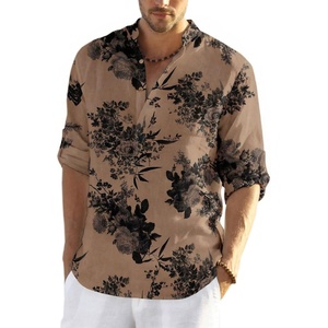 image:imageCOOFANDY Mens Cotton Linen Henley TShirts Long Sleeve Casual Beach Shirts  Mens Linen ShirtRegular Relaxed FitLightweightBreathableand Moisturewicking for BeachVacation or Everyday Summer WearDark Khaki Floral