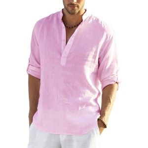 image:imageCOOFANDY Mens Cotton Linen Henley TShirts Long Sleeve Casual Beach Shirts  Mens Linen ShirtRegular Relaxed FitLightweightBreathableand Moisturewicking for BeachVacation or Everyday Summer WearPink