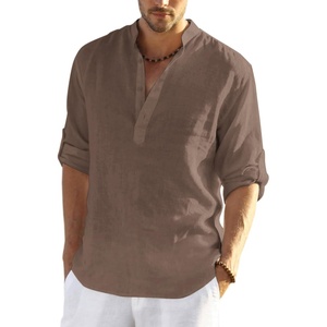 image:imageCOOFANDY Mens Cotton Linen Henley TShirts Long Sleeve Casual Beach Shirts  Mens Linen ShirtRegular Relaxed FitLightweightBreathableand Moisturewicking for BeachVacation or Everyday Summer WearBrown