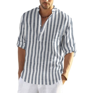 image:imageCOOFANDY Mens Cotton Linen Henley TShirts Long Sleeve Casual Beach Shirts  Mens Linen ShirtRegular Relaxed FitLightweightBreathableand Moisturewicking for BeachVacation or Everyday Summer WearGrey Blue Striped