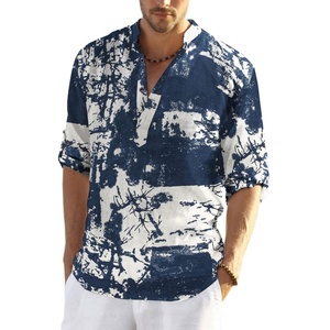 image:imageCOOFANDY Mens Cotton Linen Henley TShirts Long Sleeve Casual Beach Shirts  Mens Linen ShirtRegular Relaxed FitLightweightBreathableand Moisturewicking for BeachVacation or Everyday Summer WearNavy Tiedye