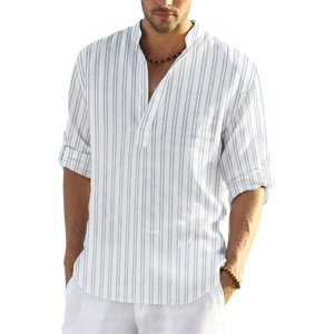 image:imageCOOFANDY Mens Cotton Linen Henley TShirts Long Sleeve Casual Beach Shirts  Mens Linen ShirtRegular Relaxed FitLightweightBreathableand Moisturewicking for BeachVacation or Everyday Summer WearBlue Pinstripe