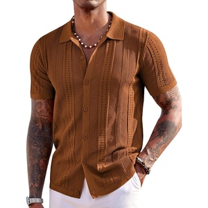 image:imageCOOFANDY Mens Knit Shirts Short Sleeve Button Down Polo Shirt Summer Beach  Fashion Knitted Casual Shirt Breathable Hollow Out Lightweight Vacation Season StapleLight Brown