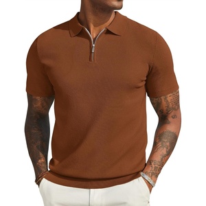 image:imageCOOFANDY Mens Textured Knit Polo Shirts Zipper Polo Shirts Short Sleeve Casual Lightweight Golf ShirtLight Brown