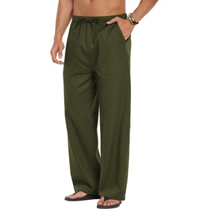 image:imageCOOFANDY Men Linen Pants Casual Elastic Waist Drawstring Pants Summer Beach  Lightweight Breathable Cotton Linen Trousers Loose Fit with Pockets Wide Leg Vacation Yoga Lounge Wedding DressA Army Green