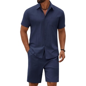 image:imageCOOFANDY Mens 2 Piece Outfit Summer Shorts Sets Short Sleeve Cotton Shirts  100 CottonShirt And Shorts SetsChest PocketElastic DrawstringMachine WashableBeachVacationCruiseTravelWeddingPartyNavy