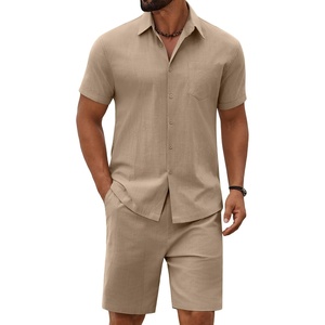 image:imageCOOFANDY Mens 2 Piece Outfit Summer Shorts Sets Short Sleeve Cotton Shirts  100 CottonShirt And Shorts SetsChest PocketElastic DrawstringMachine WashableBeachVacationCruiseTravelWeddingPartyKhaki