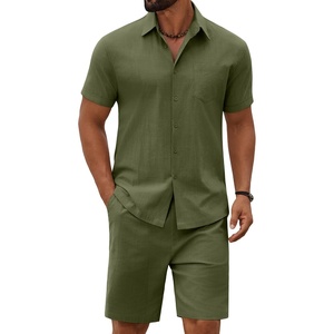 image:imageCOOFANDY Mens 2 Piece Outfit Summer Shorts Sets Short Sleeve Cotton Shirts  100 CottonShirt And Shorts SetsChest PocketElastic DrawstringMachine WashableBeachVacationCruiseTravelWeddingPartyArmy Green