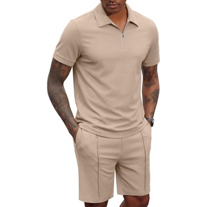image:imageCOOFANDY Mens 2 Pieces Outfits Quarter Zip Polo Shirt and Shorts Set Casual Summer TracksuitKhaki