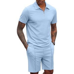 image:imageCOOFANDY Mens 2 Pieces Outfits Quarter Zip Polo Shirt and Shorts Set Casual Summer TracksuitLight Blue