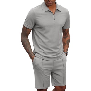 image:imageCOOFANDY Mens 2 Pieces Outfits Quarter Zip Polo Shirt and Shorts Set Casual Summer TracksuitLight Grey