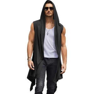 image:imageCOOFANDY Mens Long Hooded Cardigan Sleeveless Ruffle Shawl Collar Lightweight Open Front Drape Kimono VestBlack