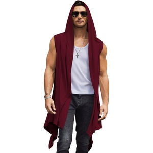 image:imageCOOFANDY Mens Long Hooded Cardigan Sleeveless Ruffle Shawl Collar Lightweight Open Front Drape Kimono VestDark Red