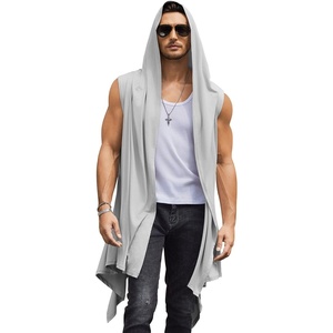image:imageCOOFANDY Mens Long Hooded Cardigan Sleeveless Ruffle Shawl Collar Lightweight Open Front Drape Kimono VestLight Grey