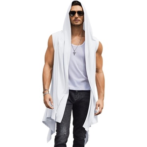 image:imageCOOFANDY Mens Long Hooded Cardigan Sleeveless Ruffle Shawl Collar Lightweight Open Front Drape Kimono VestWhite