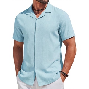 image:imageCOOFANDY Mens Short Sleeve Button Down Shirts Casual Cuban Collar Shirt  100 CottonBeach Summer HolidayCuban StyleBlue