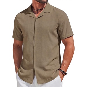 image:imageCOOFANDY Mens Short Sleeve Button Down Shirts Casual Cuban Collar Shirt  100 CottonBeach Summer HolidayCuban StyleKhaki