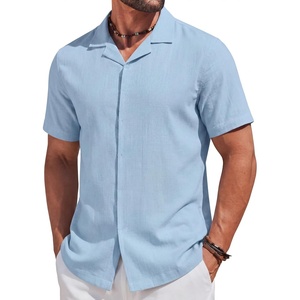 image:imageCOOFANDY Mens Short Sleeve Button Down Shirts Casual Cuban Collar Shirt  100 CottonBeach Summer HolidayCuban StyleLight Blue