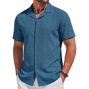 image:imageCOOFANDY Mens Short Sleeve Button Down Shirts Casual Cuban Collar Shirt  100 CottonBeach Summer HolidayCuban StyleNavy Blue