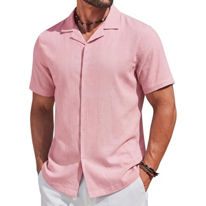 image:imageCOOFANDY Mens Short Sleeve Button Down Shirts Casual Cuban Collar Shirt  100 CottonBeach Summer HolidayCuban StylePink