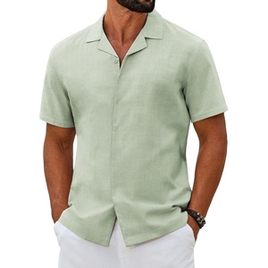 image:imageCOOFANDY Mens Short Sleeve Button Down Shirts Casual Cuban Collar Shirt  100 CottonBeach Summer HolidayCuban StyleSage Green