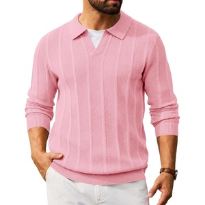 image:imageCOOFANDY Mens Knit Long Sleeve Polo Shirt Sweater VNeck Textured Pullover  Polo Collared Sweater Casual Shirt Soft Textured Knit Golf Polo Sweater With VNeck Collar Ribbed Cuffs Fall WinterPink