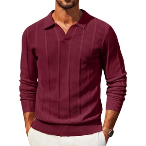 image:imageCOOFANDY Mens Knit Long Sleeve Polo Shirt Sweater VNeck Textured Pullover  Polo Collared Sweater Casual Shirt Soft Textured Knit Golf Polo Sweater With VNeck Collar Ribbed Cuffs Fall WinterWine Red