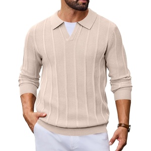image:imageCOOFANDY Mens Knit Long Sleeve Polo Shirt Sweater VNeck Textured Pullover  Polo Collared Sweater Casual Shirt Soft Textured Knit Golf Polo Sweater With VNeck Collar Ribbed Cuffs Fall WinterLight Khaki