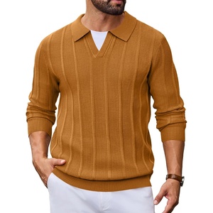 image:imageCOOFANDY Mens Knit Long Sleeve Polo Shirt Sweater VNeck Textured Pullover  Polo Collared Sweater Casual Shirt Soft Textured Knit Golf Polo Sweater With VNeck Collar Ribbed Cuffs Fall WinterYellow