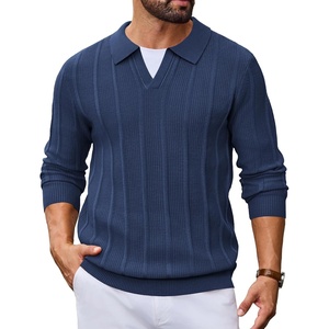image:imageCOOFANDY Mens Knit Long Sleeve Polo Shirt Sweater VNeck Textured Pullover  Polo Collared Sweater Casual Shirt Soft Textured Knit Golf Polo Sweater With VNeck Collar Ribbed Cuffs Fall WinterNavy Blue
