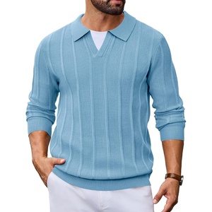 image:imageCOOFANDY Mens Knit Long Sleeve Polo Shirt Sweater VNeck Textured Pullover  Polo Collared Sweater Casual Shirt Soft Textured Knit Golf Polo Sweater With VNeck Collar Ribbed Cuffs Fall WinterLight Blue