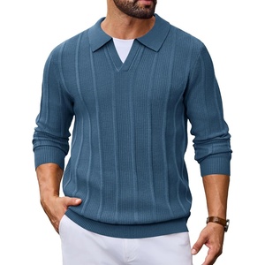 image:imageCOOFANDY Mens Knit Long Sleeve Polo Shirt Sweater VNeck Textured Pullover  Polo Collared Sweater Casual Shirt Soft Textured Knit Golf Polo Sweater With VNeck Collar Ribbed Cuffs Fall WinterDark Blue
