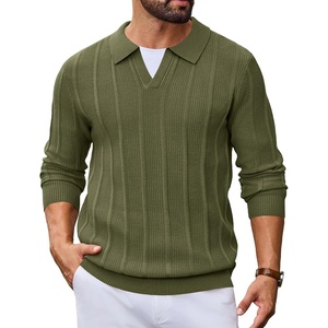 image:imageCOOFANDY Mens Knit Long Sleeve Polo Shirt Sweater VNeck Textured Pullover  Polo Collared Sweater Casual Shirt Soft Textured Knit Golf Polo Sweater With VNeck Collar Ribbed Cuffs Fall WinterArmy Green