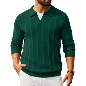 image:imageCOOFANDY Mens Knit Long Sleeve Polo Shirt Sweater VNeck Textured Pullover  Polo Collared Sweater Casual Shirt Soft Textured Knit Golf Polo Sweater With VNeck Collar Ribbed Cuffs Fall WinterEvergreen