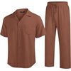 image:imageCOOFANDY Men 2 Piece Linen Outfit Beach Button Down Shirt Casual Loose Pant SetsCaramel