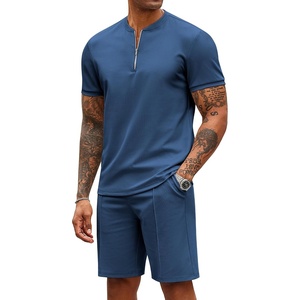 image:imageCOOFANDY Mens 2 Piece Set Short Sleeve Polo Shirt and Shorts Summer Suits  Short Sleeve 14 Zip Polo Top Drawstring Shorts Pockets Sportwear Casual Fashion Vacation Beach Travel StreetwearBlue