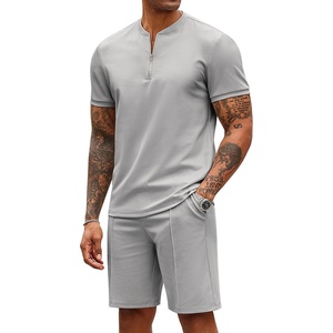 image:imageCOOFANDY Mens 2 Piece Set Short Sleeve Polo Shirt and Shorts Summer Suits  Short Sleeve 14 Zip Polo Top Drawstring Shorts Pockets Sportwear Casual Fashion Vacation Beach Travel StreetwearLight Grey