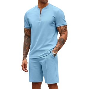 image:imageCOOFANDY Mens 2 Piece Set Short Sleeve Polo Shirt and Shorts Summer Suits  Short Sleeve 14 Zip Polo Top Drawstring Shorts Pockets Sportwear Casual Fashion Vacation Beach Travel StreetwearLight Blue
