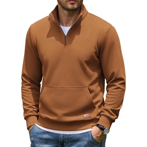 image:imageCOOFANDY Mens Quarter Zip Pullover Wrinkle Free 14 Sweatshirt with Pocket  Quilted Texture 2026 Fall Fashion Long Sleeve Lightweight Collar Golf Pullover and SweaterLight Brown