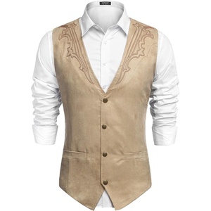 image:imageCOOFANDY Mens Western Vest Suede Cowboy Vest Casual Slim Fit WaistcoatBeige With Pattern
