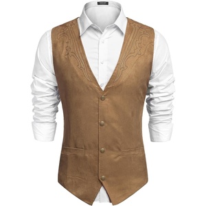 image:imageCOOFANDY Mens Western Vest Suede Cowboy Vest Casual Slim Fit WaistcoatKhaki With Pattern