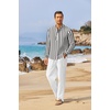 image:imageCOOFANDY Mens 2 Piece Cotton Linen Set Casual Beach Outfits Long SleeveBlack Striped