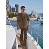 image:imageCOOFANDY Mens 2 Piece Cotton Linen Set Casual Beach Outfits Long SleeveBrown