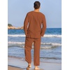 image:imageCOOFANDY Mens 2 Pieces Cotton Linen Set Henley Shirt Long Sleeve and Casual Beach Pants Summer Yoga OutfitsCaramel